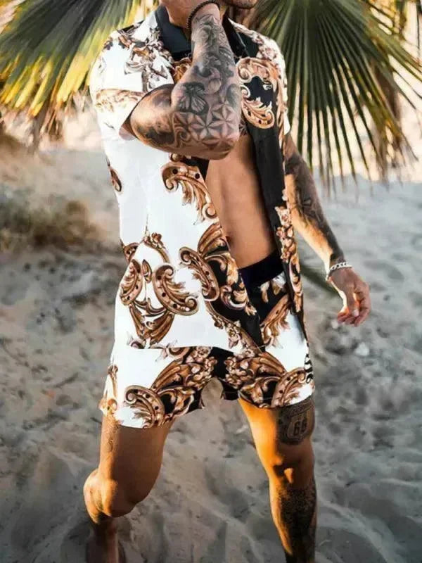 Men Shorts Set Two-Piece Outfit Ethnic Collarless Long Sleeve Relaxed Fit Polyester Summer Beach | LeStyleParfait