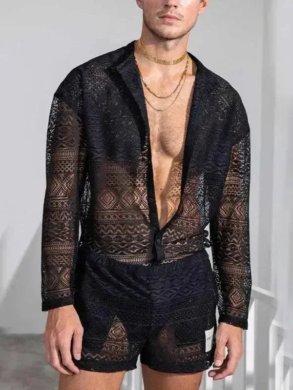 Men Relaxed Ethnic Mesh Shorts Set - Ethnic Casual Shorts Two-Piece Set - LeStyleParfait
