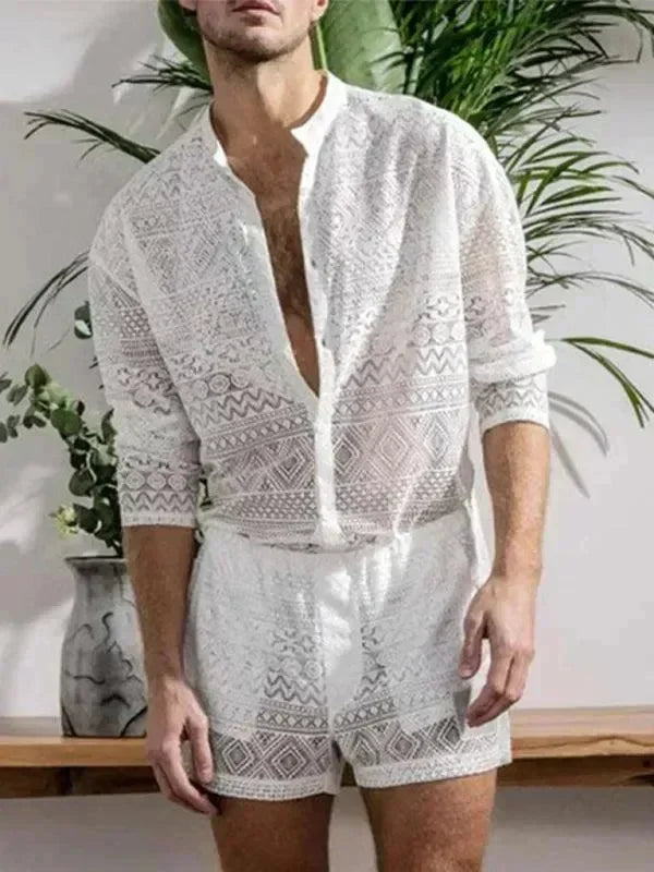 Men Relaxed Ethnic Mesh Shorts Set - Ethnic Casual Shorts Two-Piece Set - LeStyleParfait
