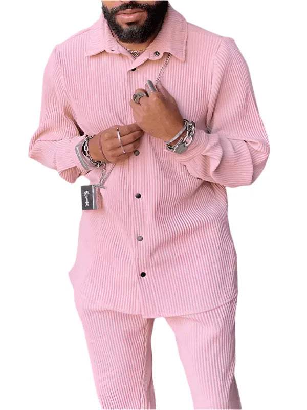 Men Casual Set Two-Piece Striped Button-Down Long Sleeve Relaxed Fit Cotton Spring Casual | LeStyleParfait