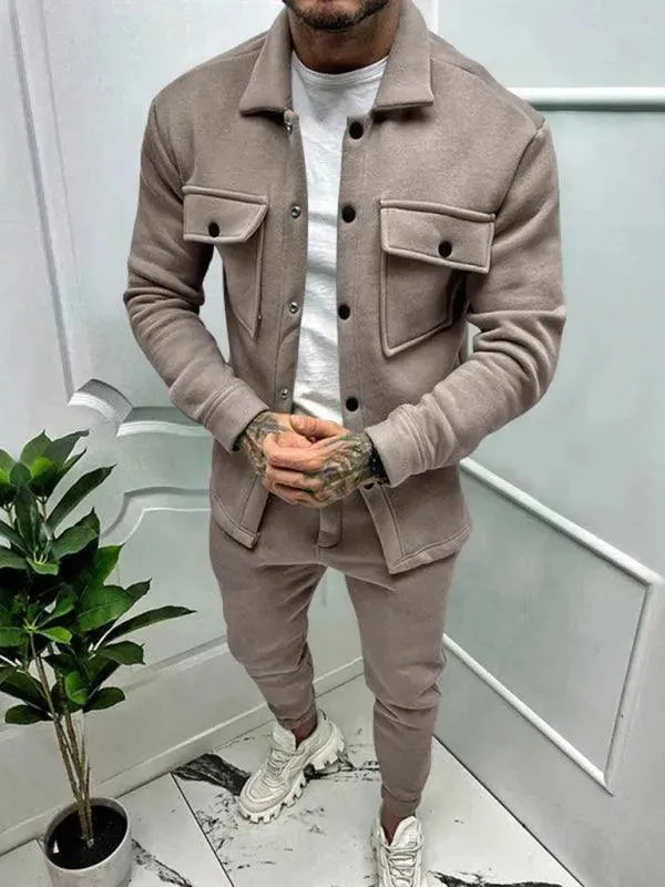 Men Stylish Buttoned Jogger Two-Piece Set - Solid Jogger Two-Piece Set - LeStyleParfait