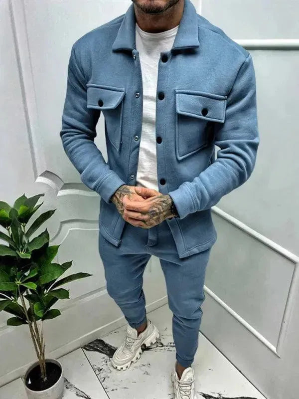 Men Stylish Buttoned Jogger Two-Piece Set - Solid Jogger Two-Piece Set - LeStyleParfait