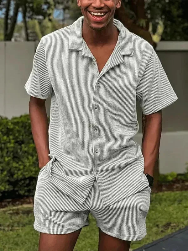 Men Shorts Set Two-Piece Outfit Striped Button-Down Short Sleeve Relaxed Fit Cotton Summer Casual | LeStyleParfait