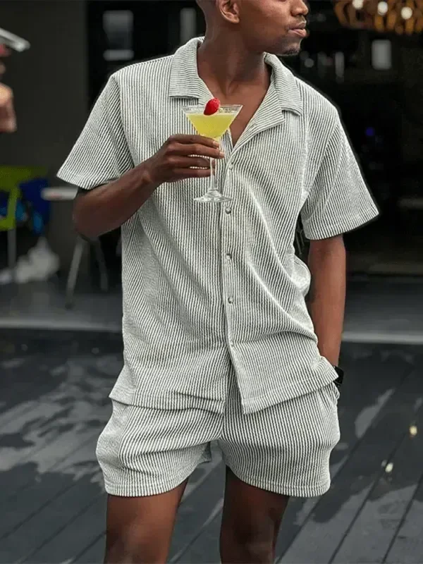 Men Shorts Set Two-Piece Outfit Striped Button-Down Short Sleeve Relaxed Fit Cotton Summer Casual | LeStyleParfait