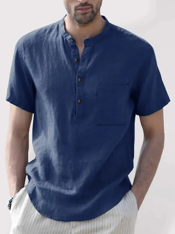 Men's Buttoned Short Sleeve Linen Shirt-Men Shirts-LeStyleParfait
