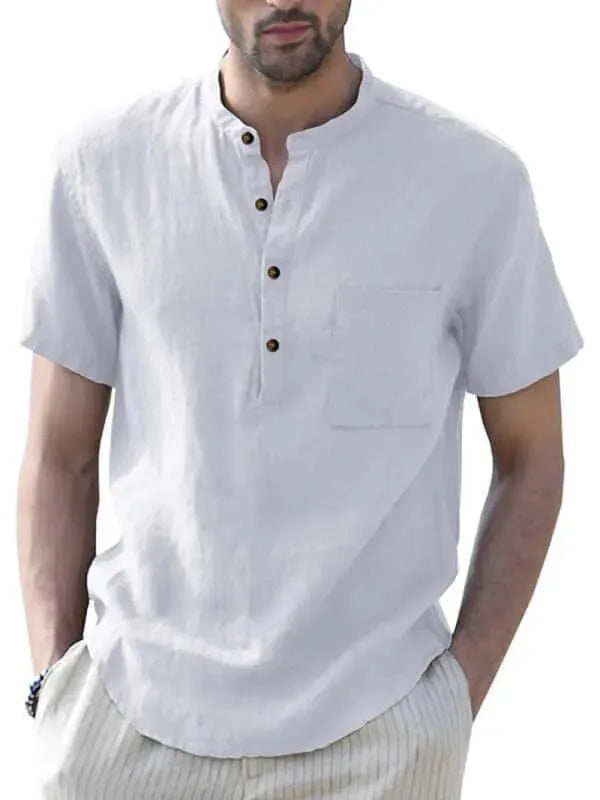 Men's Buttoned Short Sleeve Linen Shirt-Men Shirts-LeStyleParfait