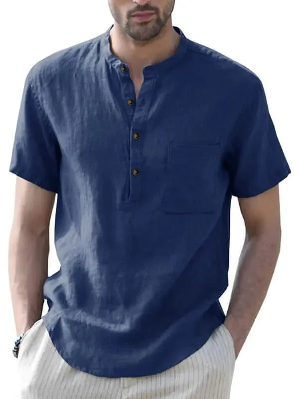 Men's Buttoned Short Sleeve Linen Shirt-Men Shirts-LeStyleParfait