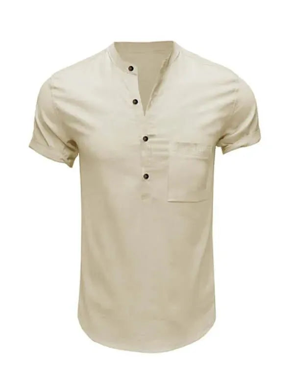 Men's Buttoned Short Sleeve Linen Shirt-Men Shirts-LeStyleParfait