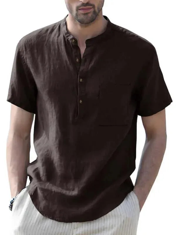 Men's Buttoned Short Sleeve Linen Shirt-Men Shirts-LeStyleParfait