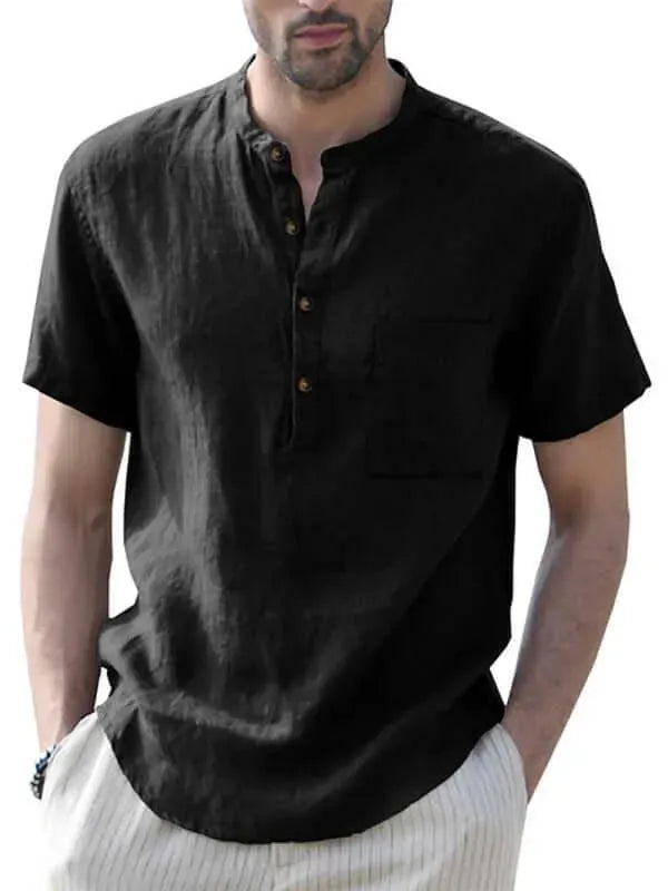 Men's Buttoned Short Sleeve Linen Shirt-Men Shirts-LeStyleParfait