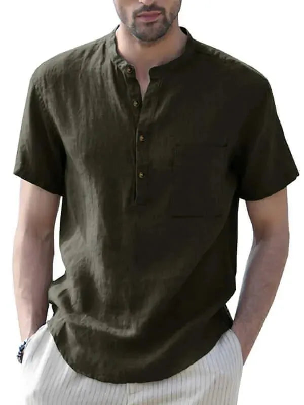 Men's Buttoned Short Sleeve Linen Shirt-Men Shirts-LeStyleParfait