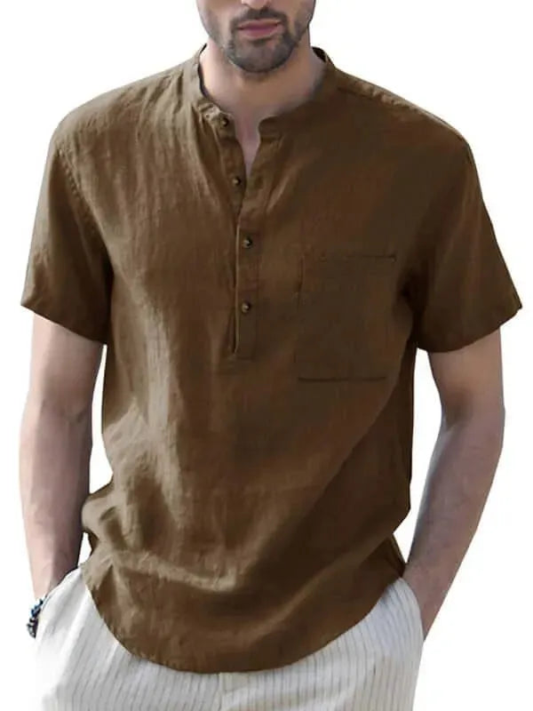 Men's Buttoned Short Sleeve Linen Shirt-Men Shirts-LeStyleParfait