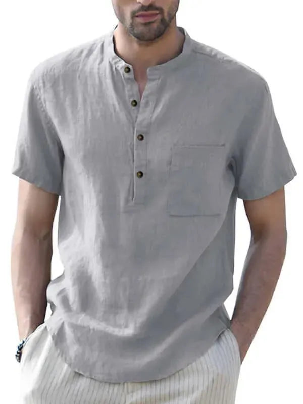 Men's Buttoned Short Sleeve Linen Shirt-Men Shirts-LeStyleParfait