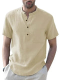 Men's Buttoned Short Sleeve Linen Shirt-Men Shirts-LeStyleParfait