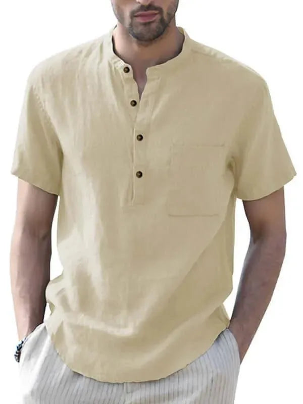 Men's Buttoned Short Sleeve Linen Shirt-Men Shirts-LeStyleParfait
