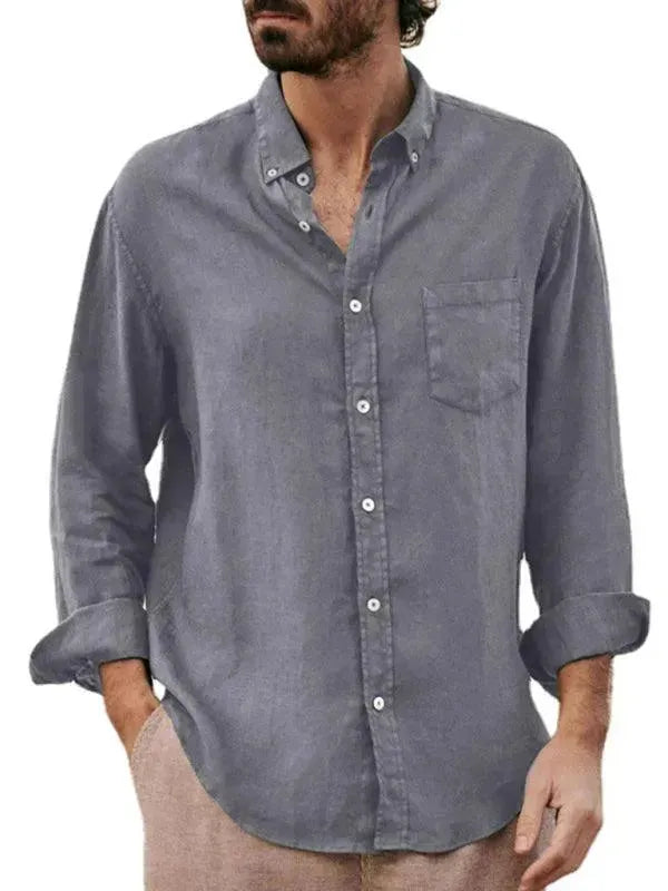Men's Casual Long Sleeve Linen Shirt-Men Shirts-LeStyleParfait