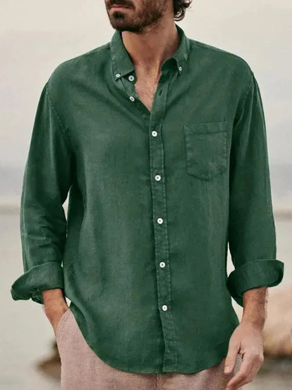 Men's Casual Long Sleeve Linen Shirt-Men Shirts-LeStyleParfait