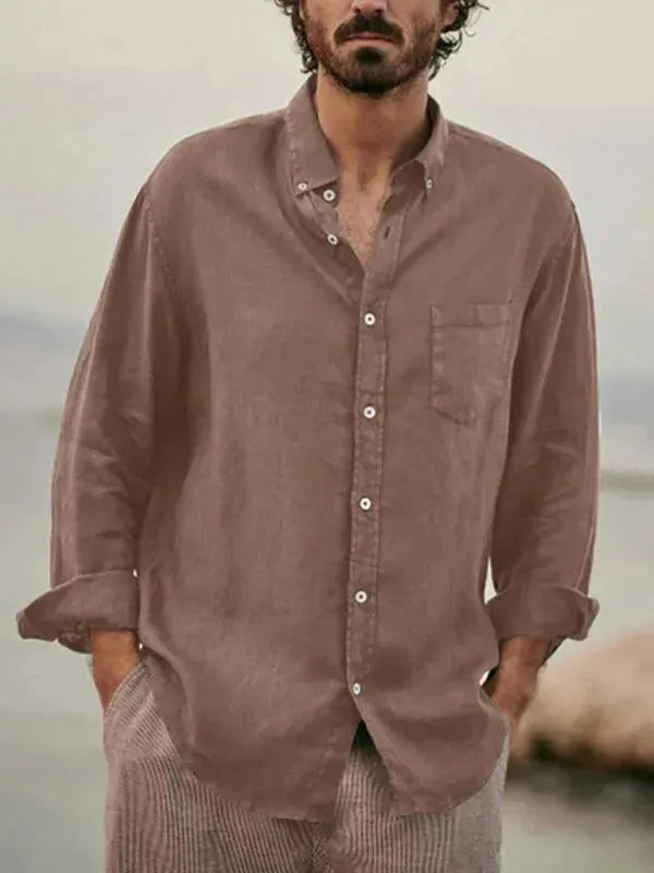 Men's Casual Long Sleeve Linen Shirt-Men Shirts-LeStyleParfait