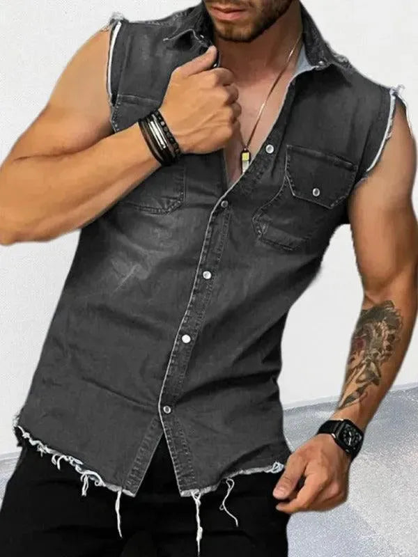 Men's Distressed Sleeveless Denim Shirt-Men Shirts-LeStyleParfait