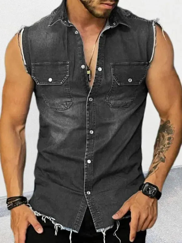 Men's Distressed Sleeveless Denim Shirt-Men Shirts-LeStyleParfait