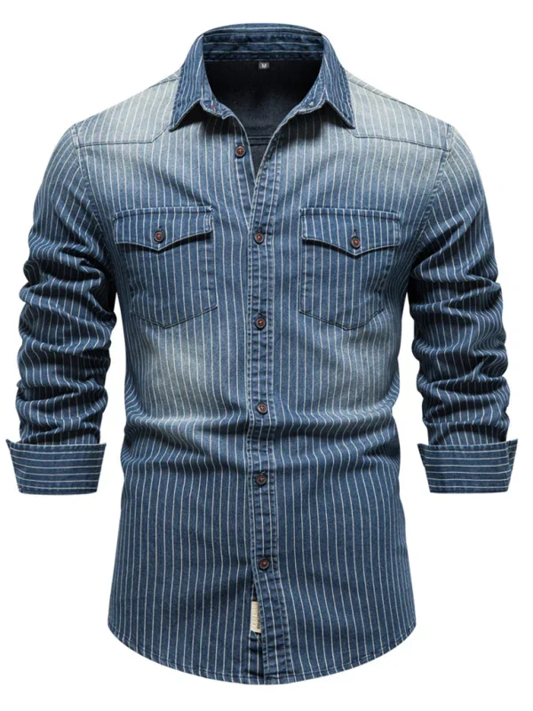 Men's Distressed Striped Denim Shirt-Men Shirts-LeStyleParfait