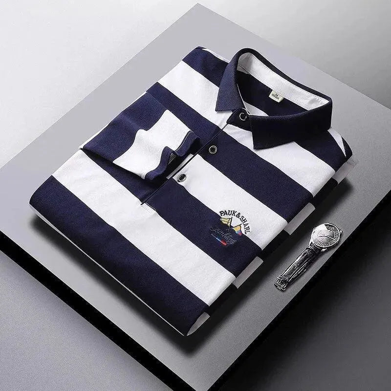 Men's Embroidered Striped Polo Shirt-Men Shirts-LeStyleParfait