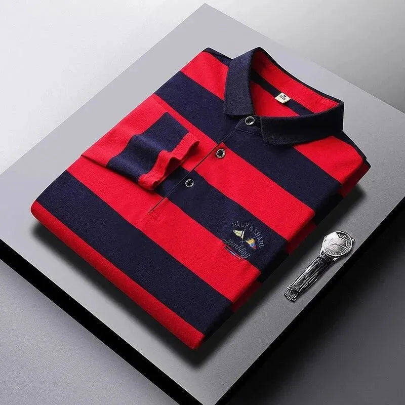 Men's Embroidered Striped Polo Shirt-Men Shirts-LeStyleParfait