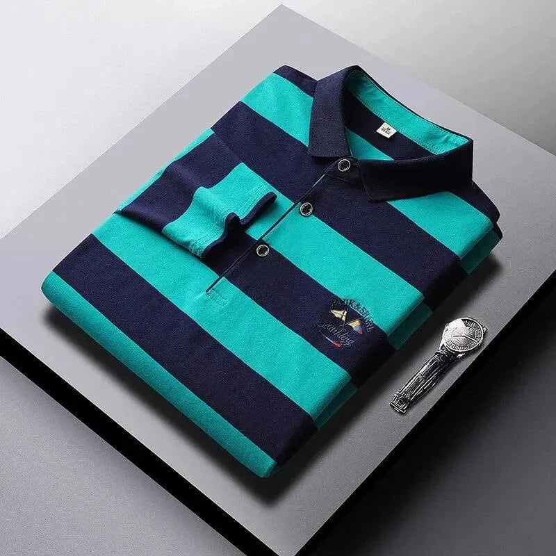 Men's Embroidered Striped Polo Shirt-Men Shirts-LeStyleParfait