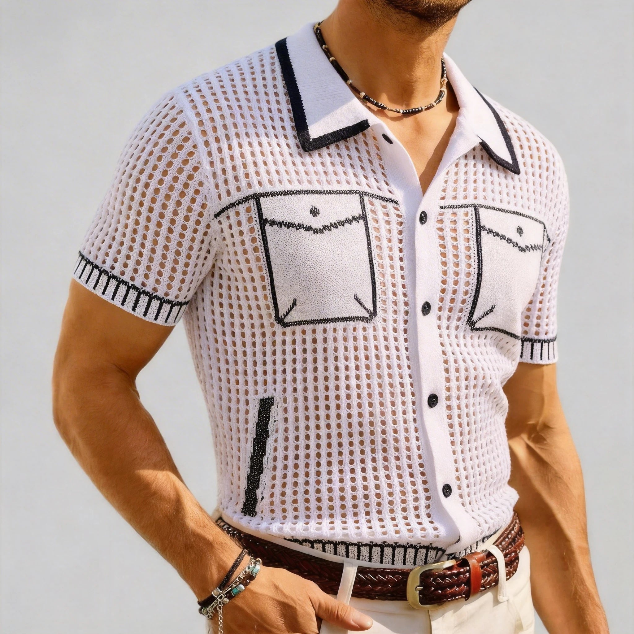 Men's Hollow Knit Button Shirt-Men Shirts-LeStyleParfait