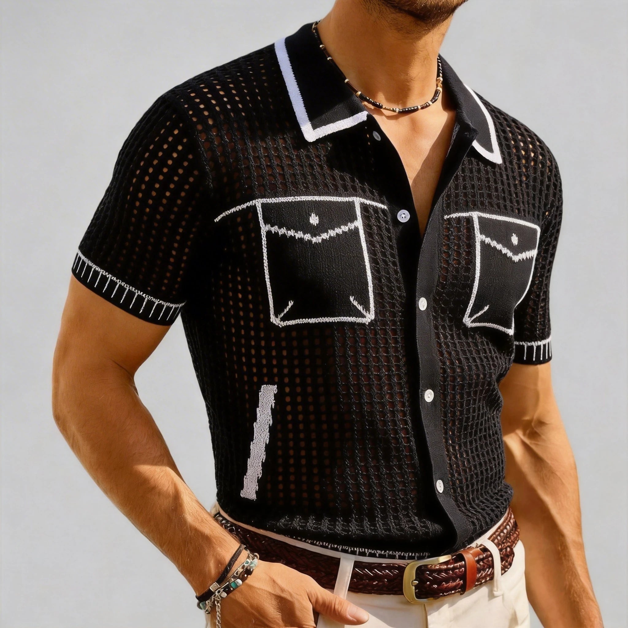Men's Hollow Knit Button Shirt-Men Shirts-LeStyleParfait