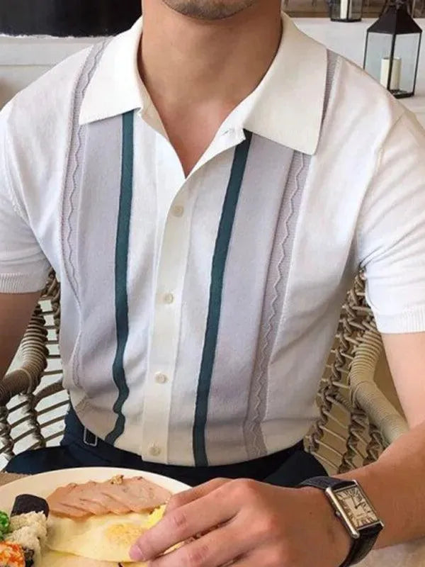 Men's Knitted Striped Polo Shirt-Polo Shirt-LeStyleParfait