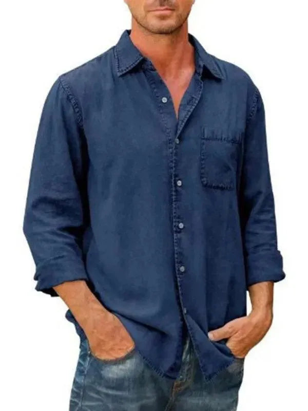 Men's Long Sleeve Denim Shirt-Men Shirts-LeStyleParfait