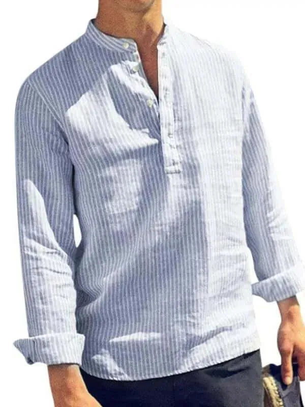 Men's Long Sleeve Striped Cotton Shirt-Men Shirts-LeStyleParfait