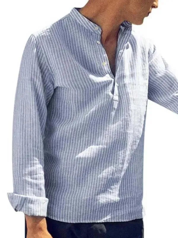 Men's Long Sleeve Striped Cotton Shirt-Men Shirts-LeStyleParfait