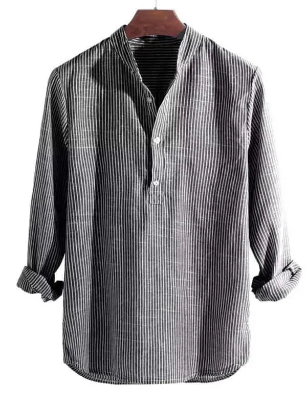 Men's Long Sleeve Striped Cotton Shirt-Men Shirts-LeStyleParfait