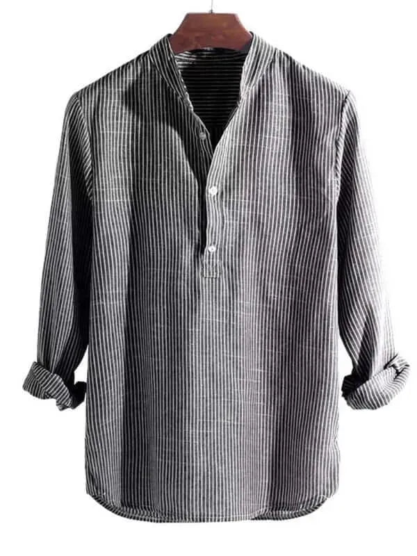 Men's Long Sleeve Striped Cotton Shirt-Men Shirts-LeStyleParfait