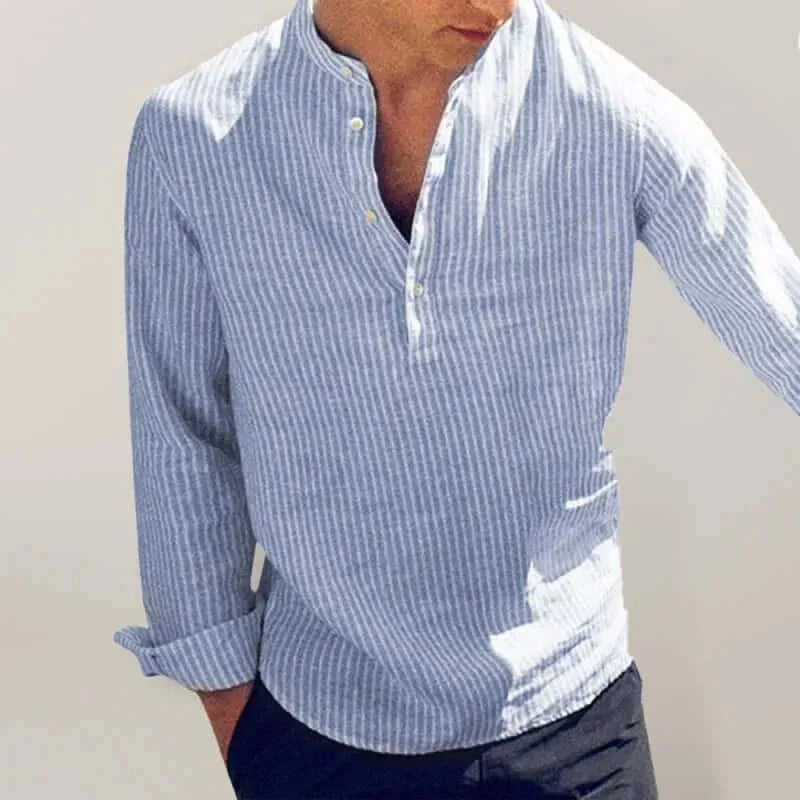 Men's Long Sleeve Striped Cotton Shirt-Men Shirts-LeStyleParfait