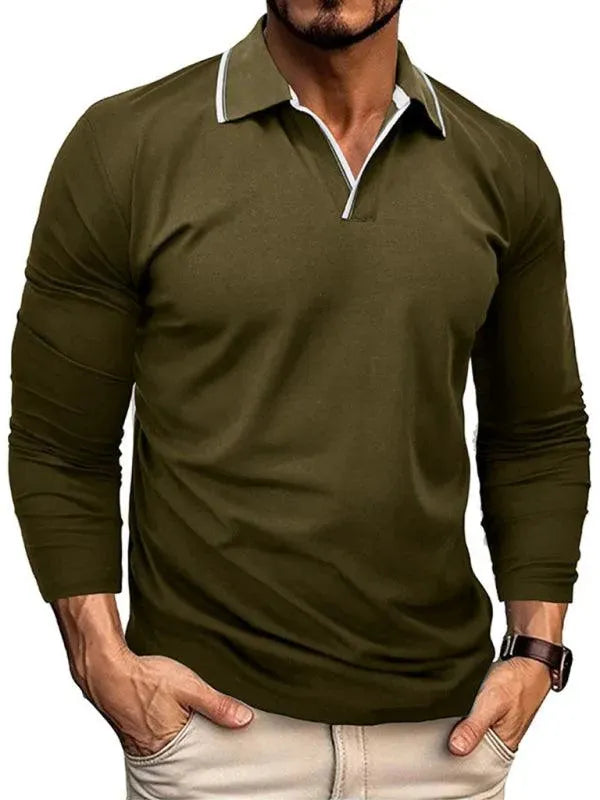 Men's Long-Sleeved V-Neck Lapel Polo Shirt-Polo Shirt-LeStyleParfait