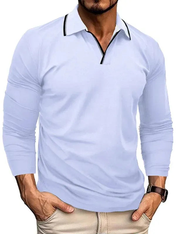 Men's Long-Sleeved V-Neck Lapel Polo Shirt-Polo Shirt-LeStyleParfait