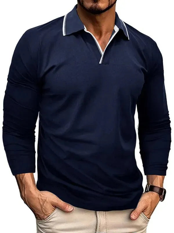 Men's Long-Sleeved V-Neck Lapel Polo Shirt-Polo Shirt-LeStyleParfait