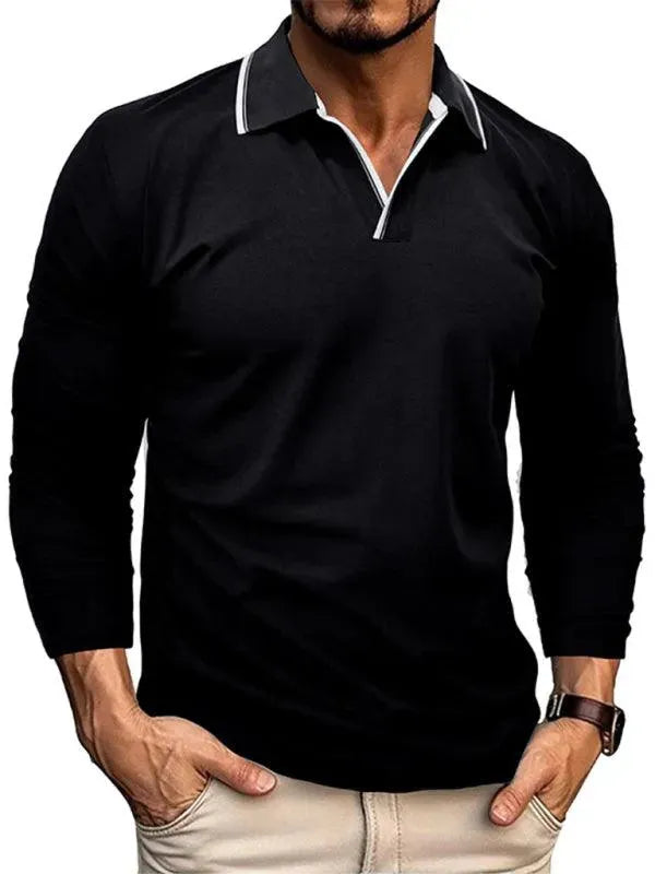 Men's Long-Sleeved V-Neck Lapel Polo Shirt-Polo Shirt-LeStyleParfait