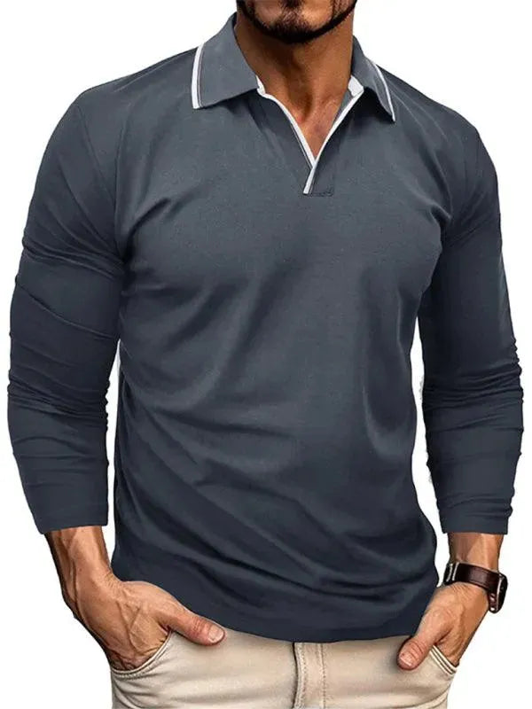 Men's Long-Sleeved V-Neck Lapel Polo Shirt-Polo Shirt-LeStyleParfait