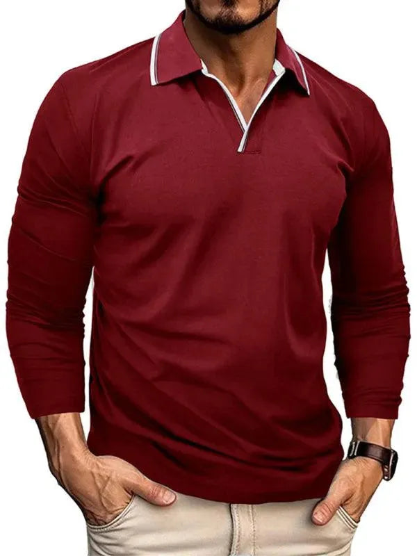Men's Long-Sleeved V-Neck Lapel Polo Shirt-Polo Shirt-LeStyleParfait