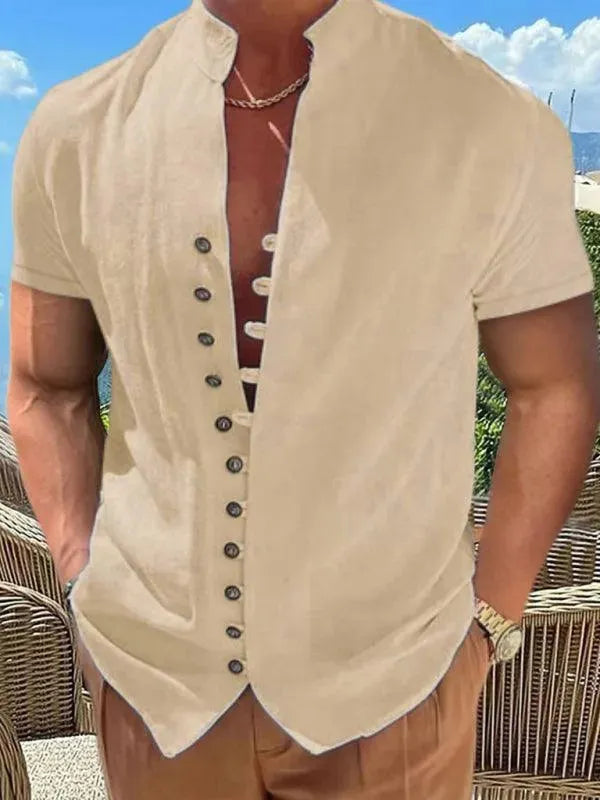 Men's Mandarin Collar Linen Shirt-Men Shirts-LeStyleParfait