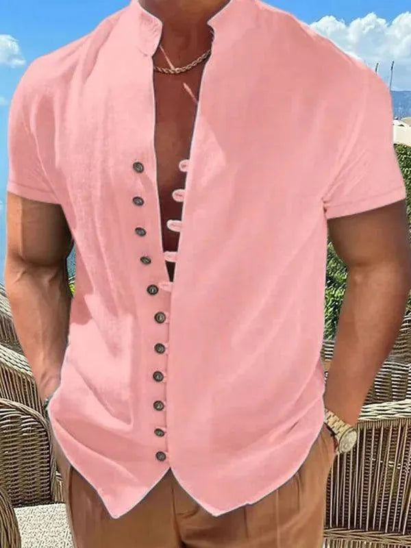 Men's Mandarin Collar Linen Shirt-Men Shirts-LeStyleParfait