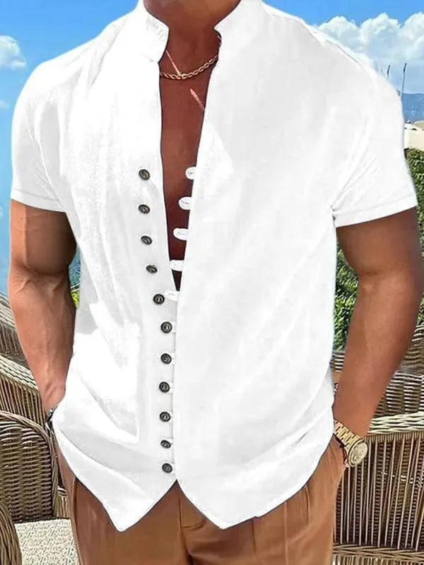 Men's Mandarin Collar Linen Shirt-Men Shirts-LeStyleParfait