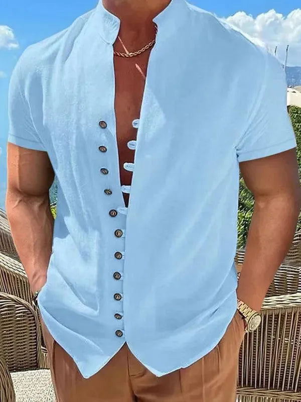 Men's Mandarin Collar Linen Shirt-Men Shirts-LeStyleParfait