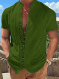 Men's Mandarin Collar Linen Shirt-Men Shirts-LeStyleParfait