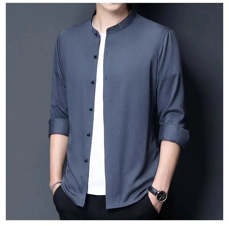 Men's Mandarin Satin Shirt-Men Shirts-LeStyleParfait