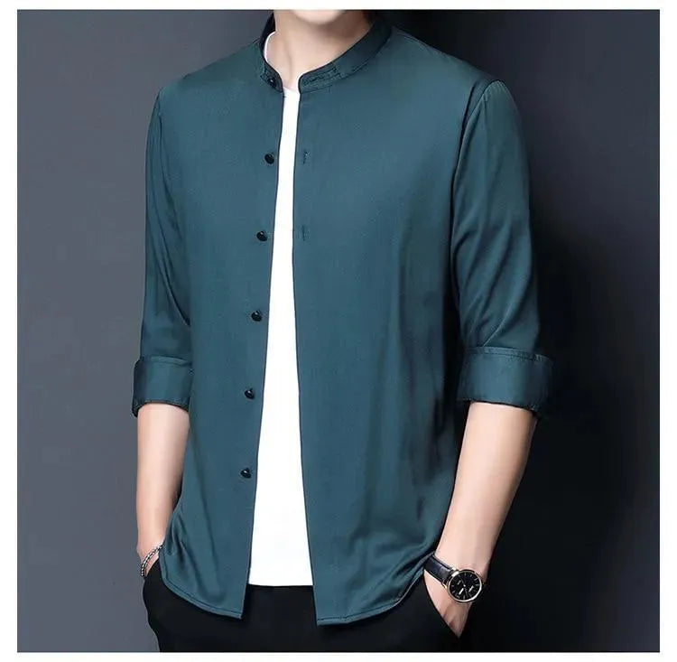 Men's Mandarin Satin Shirt-Men Shirts-LeStyleParfait